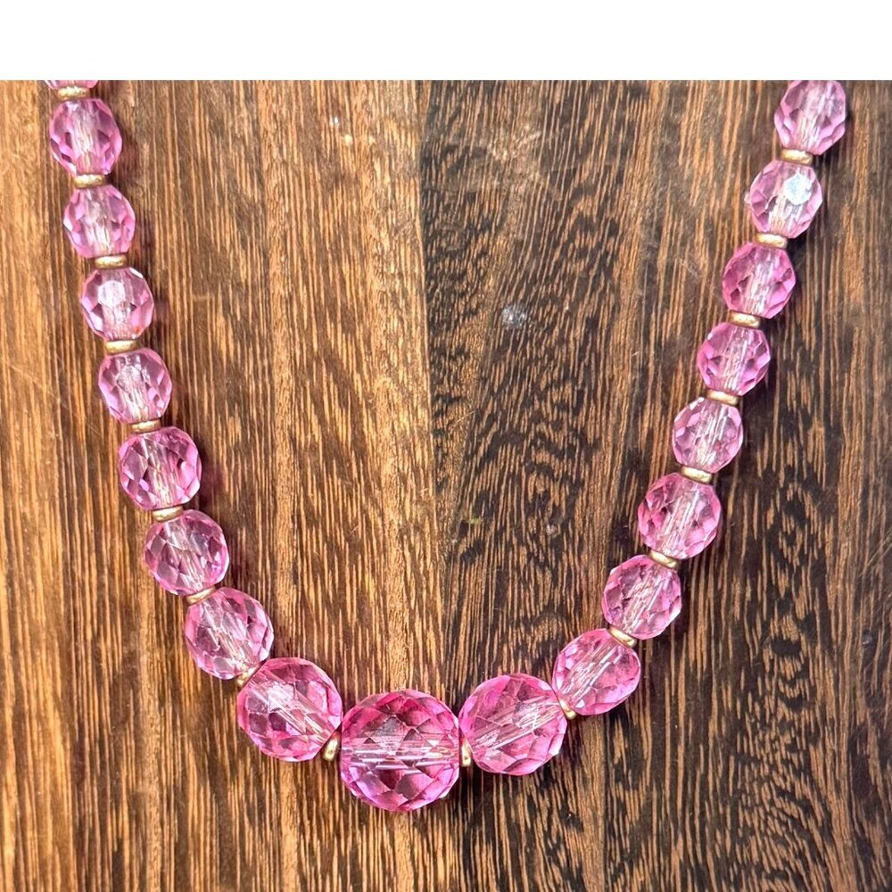 Vintage Simmon Pink Graduated Glass Bead Necklace Gold Clasp Signed 17.5" RARE